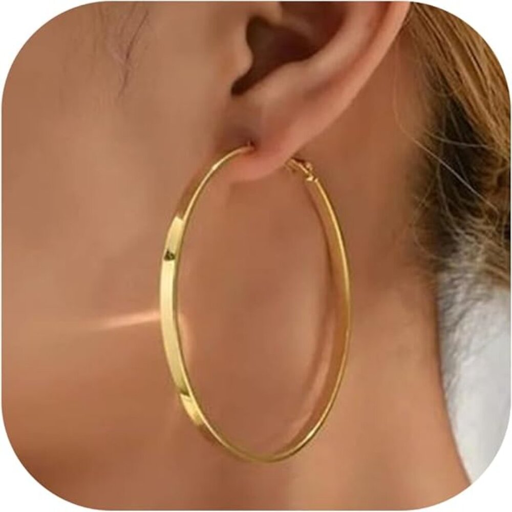 NEW! Women 14K Gold Plated Large Big Flat Hoop Earrings Non Tarnish 50mm